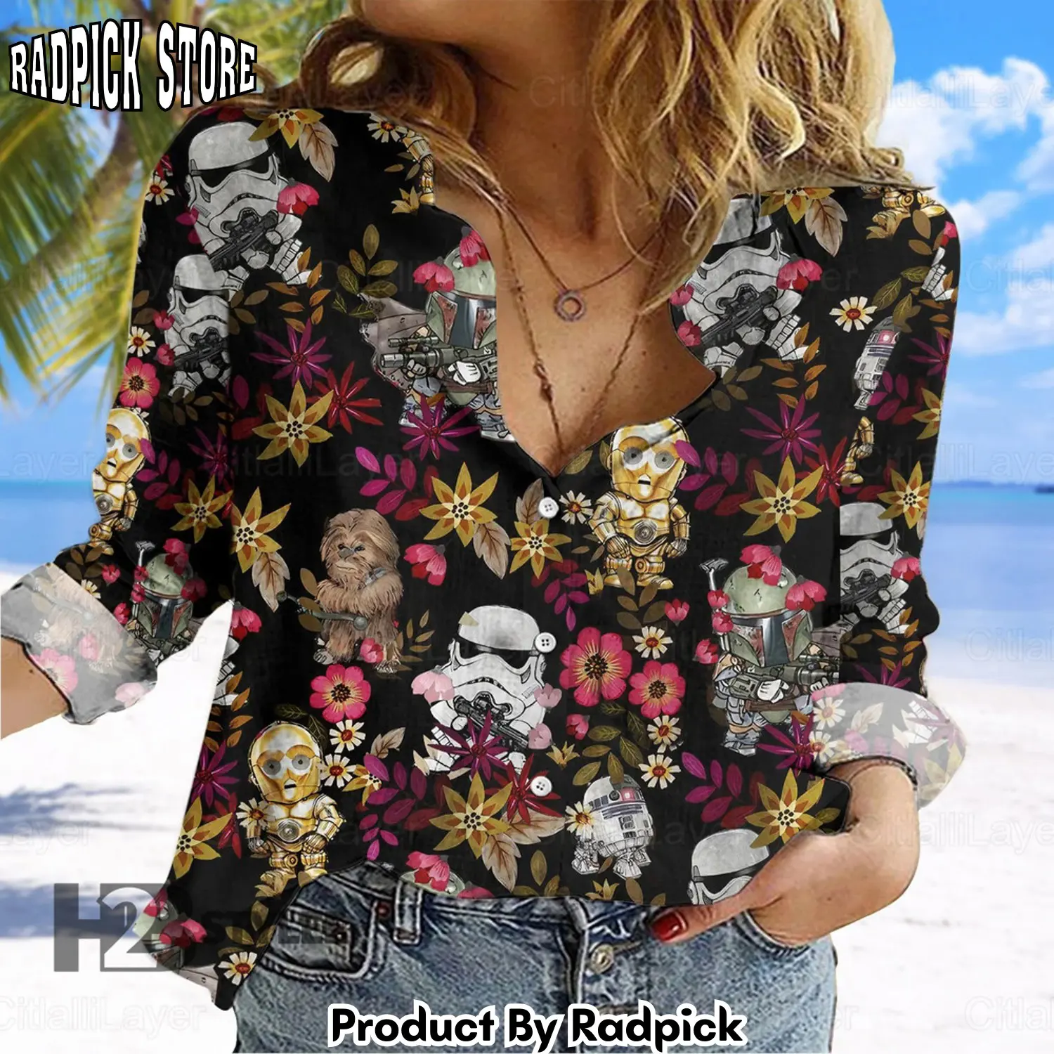 Radpick summer aloha star wars movie tropical baby yoda darth vader mandalorian pattern linen casual shirt rp662125